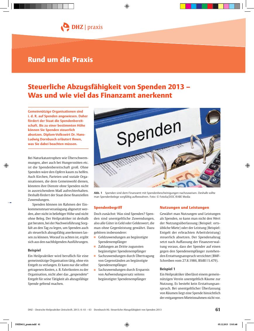 Vorschauseite 1: Rund um die Praxis – Steuerliche Abzugsfähigkeit von Spenden 2013 – Was und wie viel das Finanzamt anerkennt