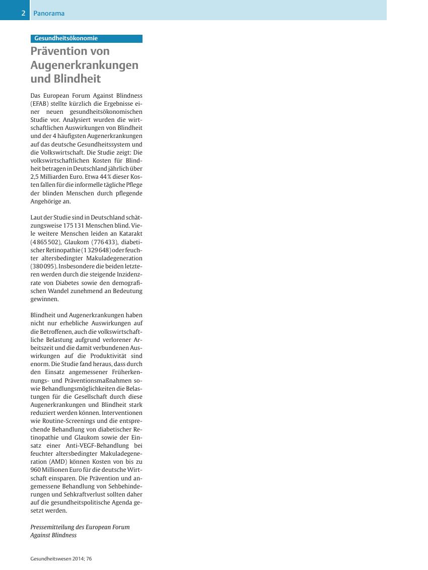 Vorschauseite 1: Prävention von Augenerkrankungen und Blindheit