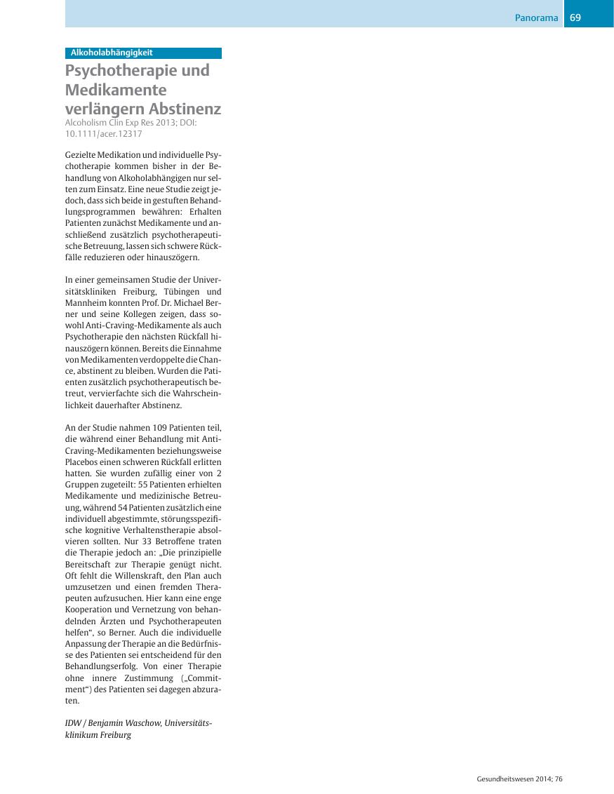Vorschauseite 1: Psychotherapie und Medikamente verlängern Abstinenz