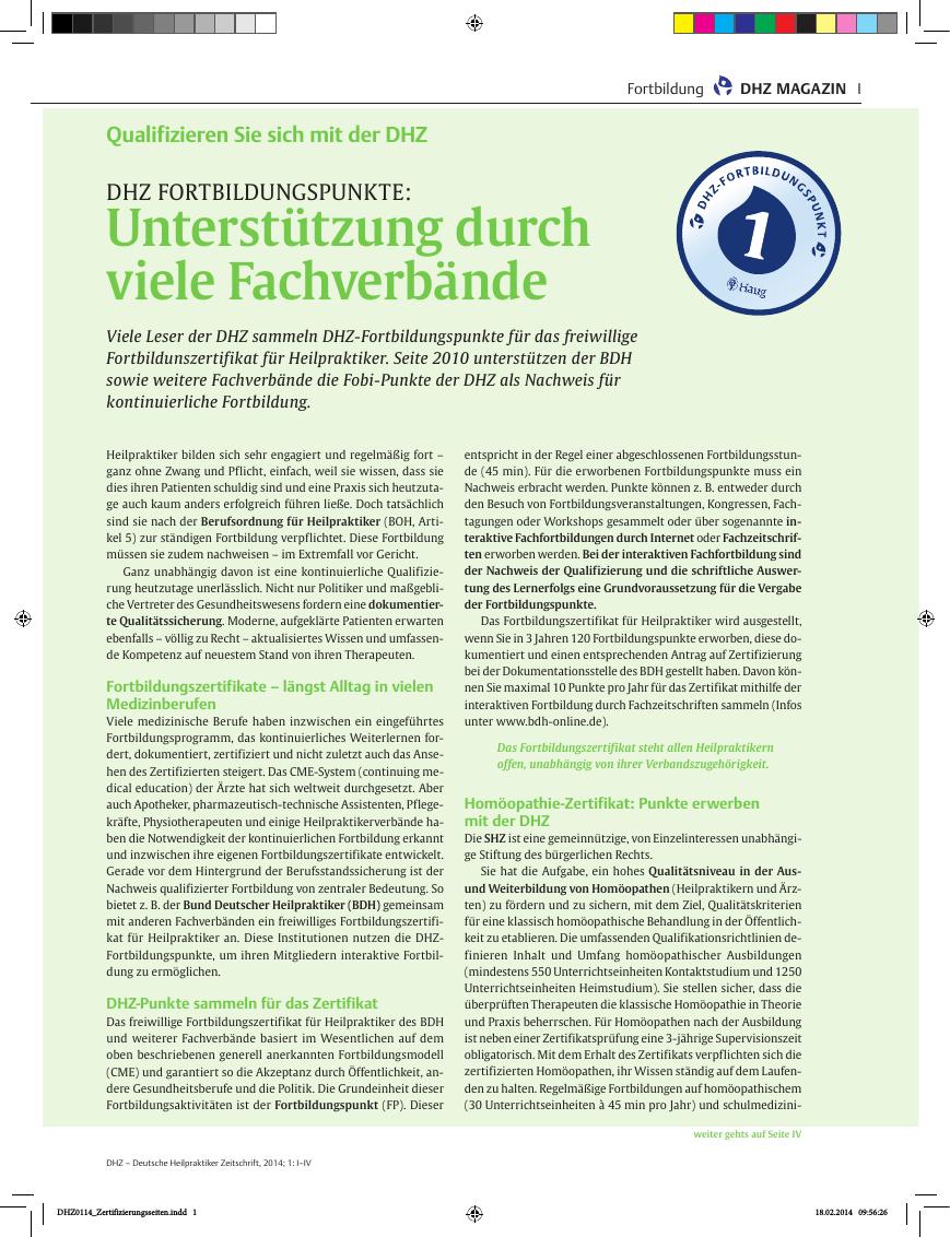 Vorschauseite 1: Qualifizieren Sie sich mit der DHZ – DHZ Fortbildungspunkte: Unterstützung durch viele Fachverbände