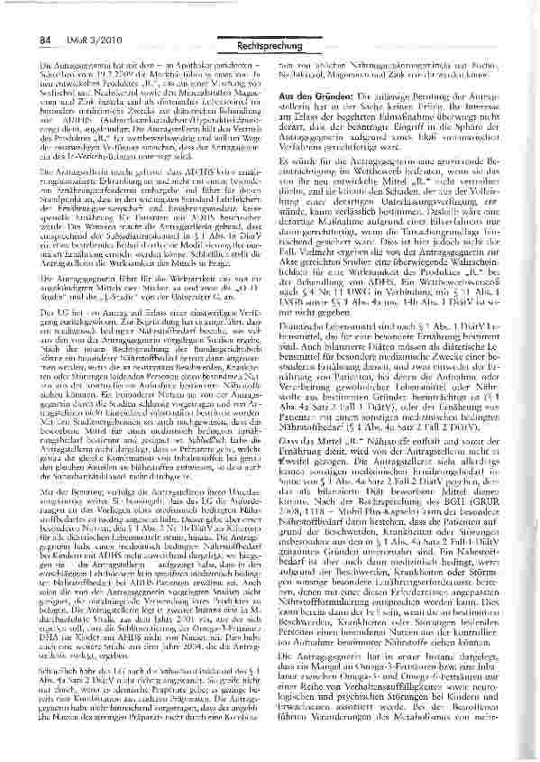 Vorschauseite 2: Keine Wettbewerbswidrigkeit des Inverkehrbringens eines Mittels aus Ölen und Mineralstoffen zur diätischen Behandlung von ADHS