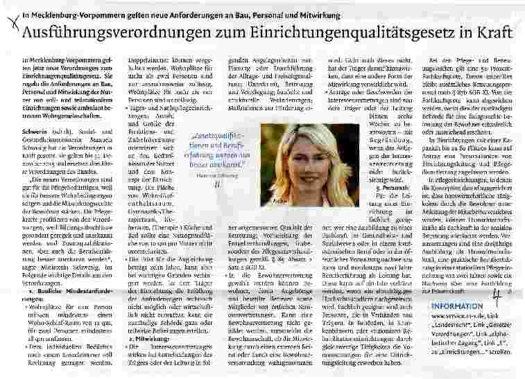 Vorschauseite 1: In Mecklenburg-Vorpommern gelten neue Anforderungen an Bau, Personal und MitwirkungAusführungsverordnungen zum Einrichtungenqualitätsgesetz in Kraft