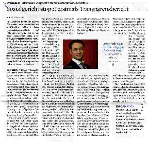 Vorschauseite 1: Sozialgericht stoppt erstmals Transparenzbericht