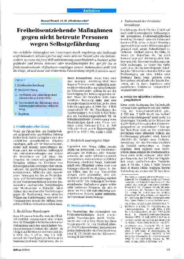 Vorschauseite 1: Freiheitsentziehende Maßnahmen gegen nicht betreute Personen wegen Selbstgefährdung