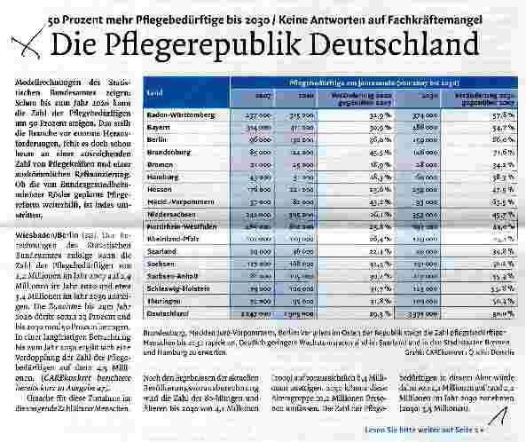 Vorschauseite 1: 50 Prozent mehr Pflegebedürftige bis 2030 / Keine Antworten auf FachkräftemangelDie Pflegerepublik Deutschland