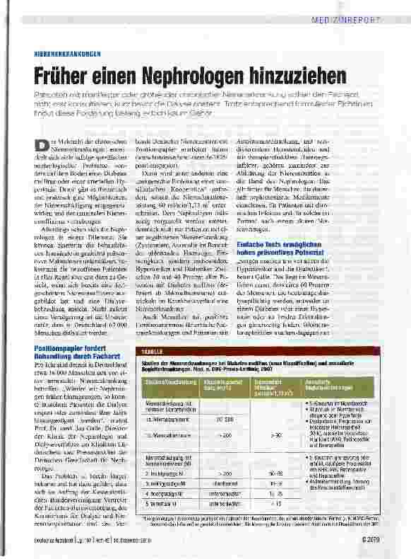 Vorschauseite 1: Früher einen Nephrologen hinzuziehenPatienten mit manifester oder drohender chronischer Nierenerkrankung sollten den Facharzt nicht erst konsultieren, kurz bevor die Dialyse anste…