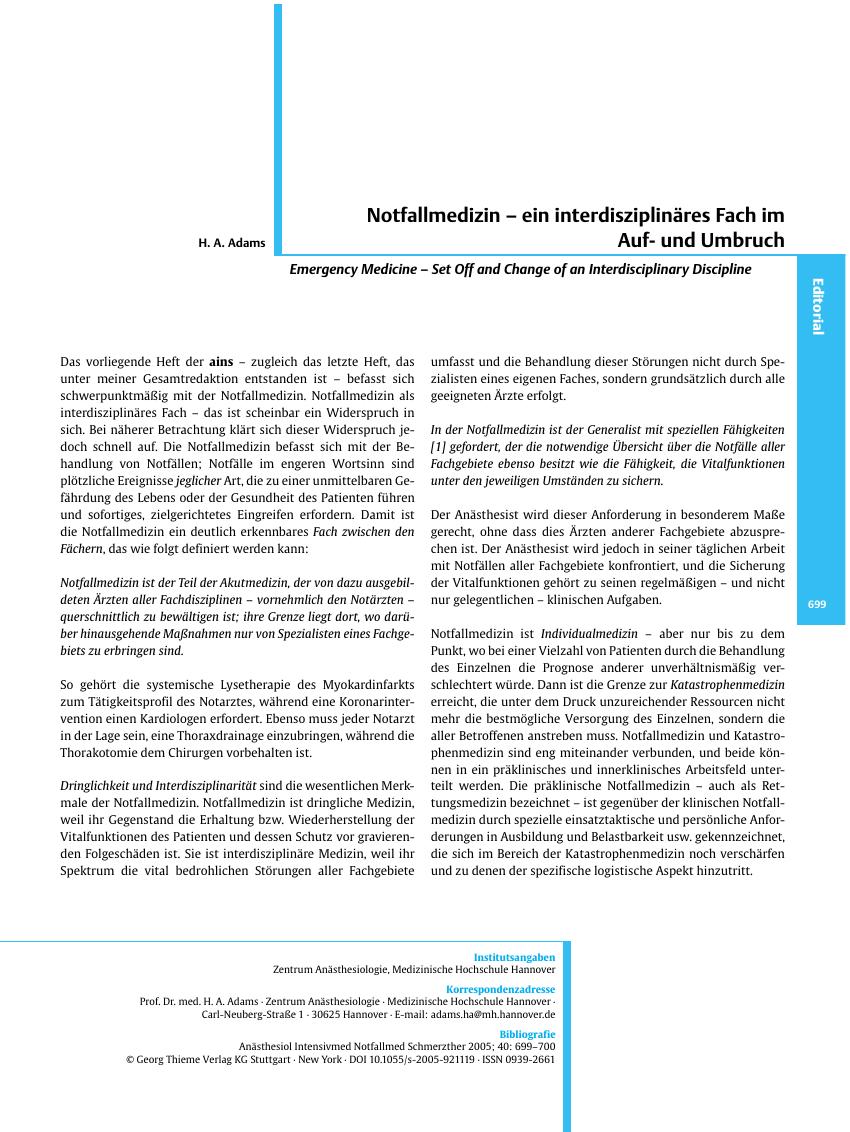 Vorschauseite 1: Notfallmedizin - ein interdisziplinäres Fach im Aufund Umbruch