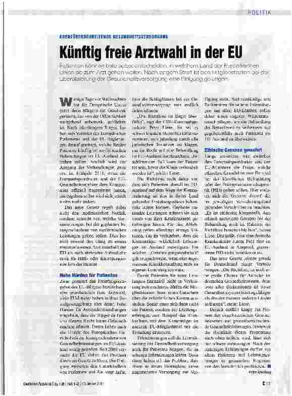 Vorschauseite 1: GRENZÜBERSCHREITENDE GESUNDHEITSVERSORGUNGKünftig freie Arztwahl in der EU