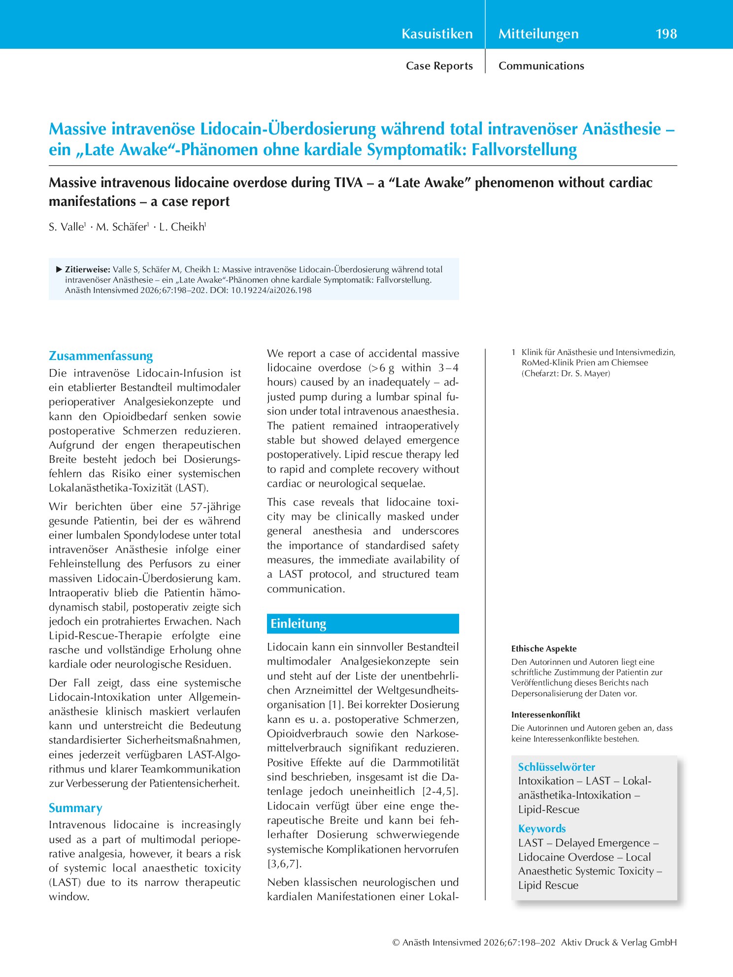 Vorschauseite 1: Massive intravenöse Lidocain-Überdosierung während total intravenöser Anästhesie – ein „Late-Awake“-Phänomen ohne kardiale Symptomatik: Fallvorstellung