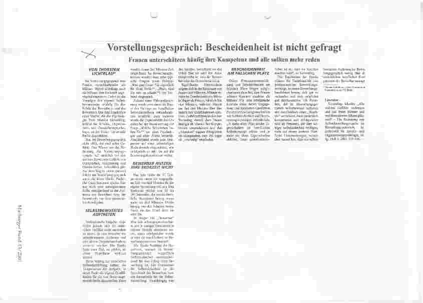 Vorschauseite 1: Vorstellungsgespräch: Bescheidenheit ist nicht gefragt Frauen unterschätzen häufig ihre Kompetenz und alle sollten mehr reden