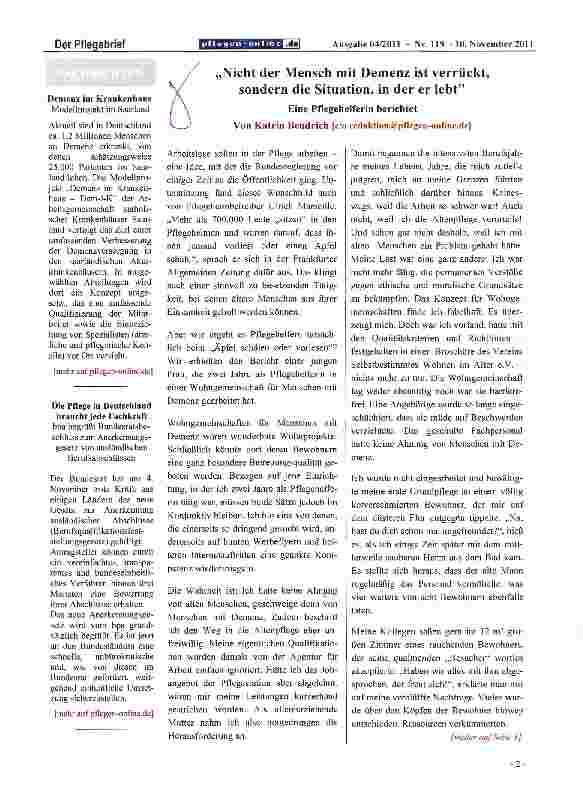Vorschauseite 1: „Nicht der Mensch mit Demenz ist verrückt, sondern die Situation, in der er lebt