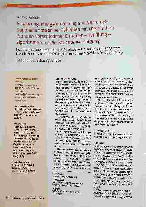Vorschauseite 1: Ernährung, Mangelernährung und Nahrungssupplementation bei Patienten mit chronischen Wunden verschiedener Entitäten - Handlungsalgorithmen für die Patientenversorgung