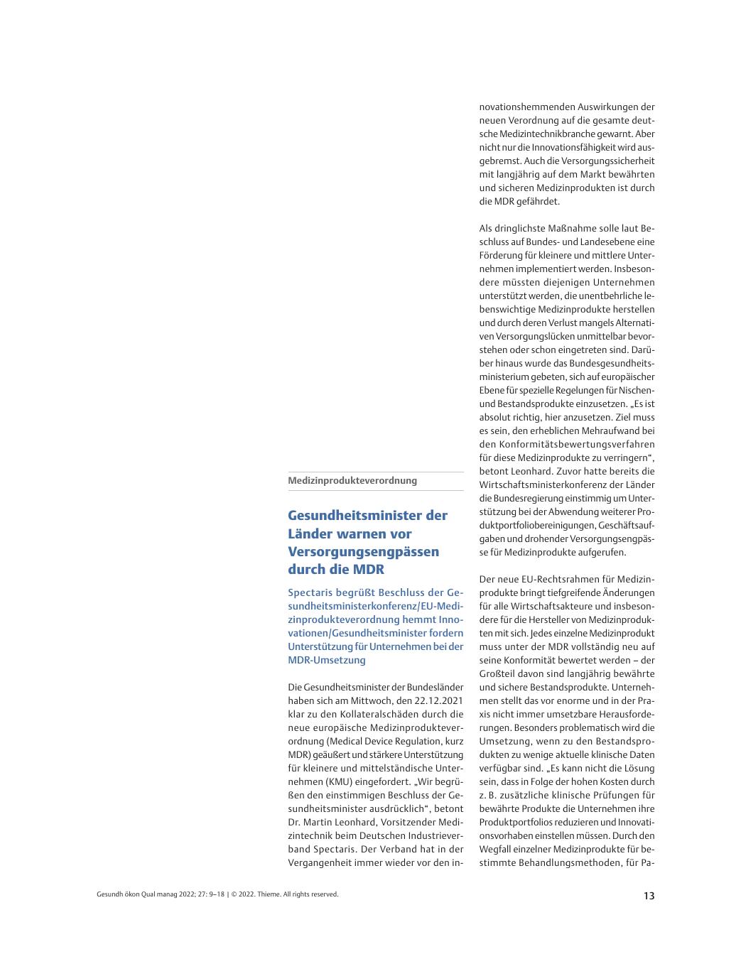 Vorschauseite 1: Medizinprodukteverordnung – Gesundheitsminister der Länder warnen vor Versorgungsengpässen durch die MDR.