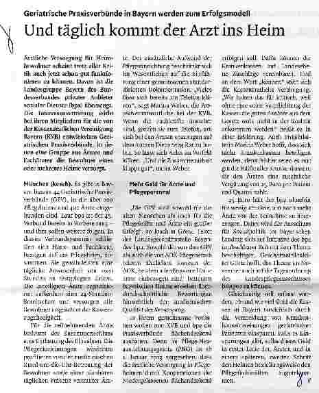 Vorschauseite 1: Geriatrische Praxisverbünde in Bayern werden zum ErfolgsmodellUnd täglich kommt der Arzt ins Heim