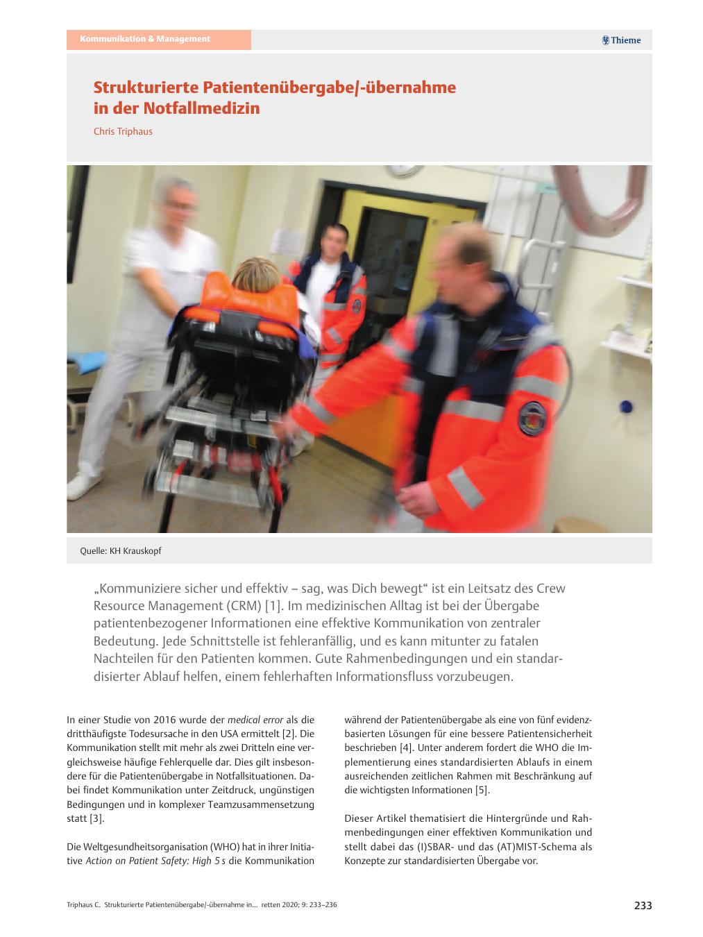 Vorschauseite 1: Strukturierte Patientenübergabe/-übernahme in der Notfallmedizin