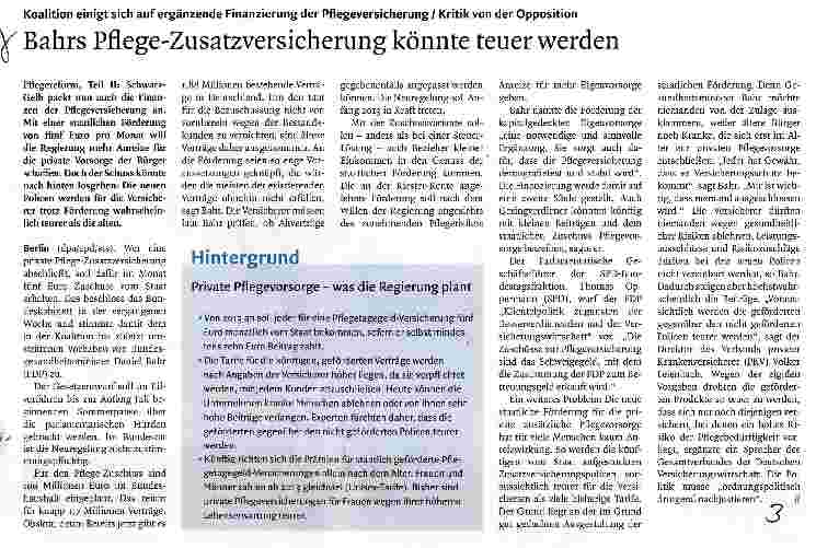 Vorschauseite 1: Bahrs Pflege-Zusatzversicherung könnte teuer werden