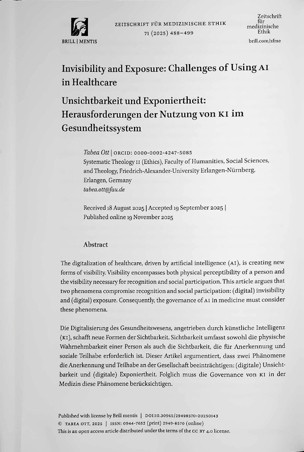 Vorschauseite 1: Unsichtbarkeit und Exponiertheit: Herausforderungen der Nutzung von KI im Gesundheitssystem