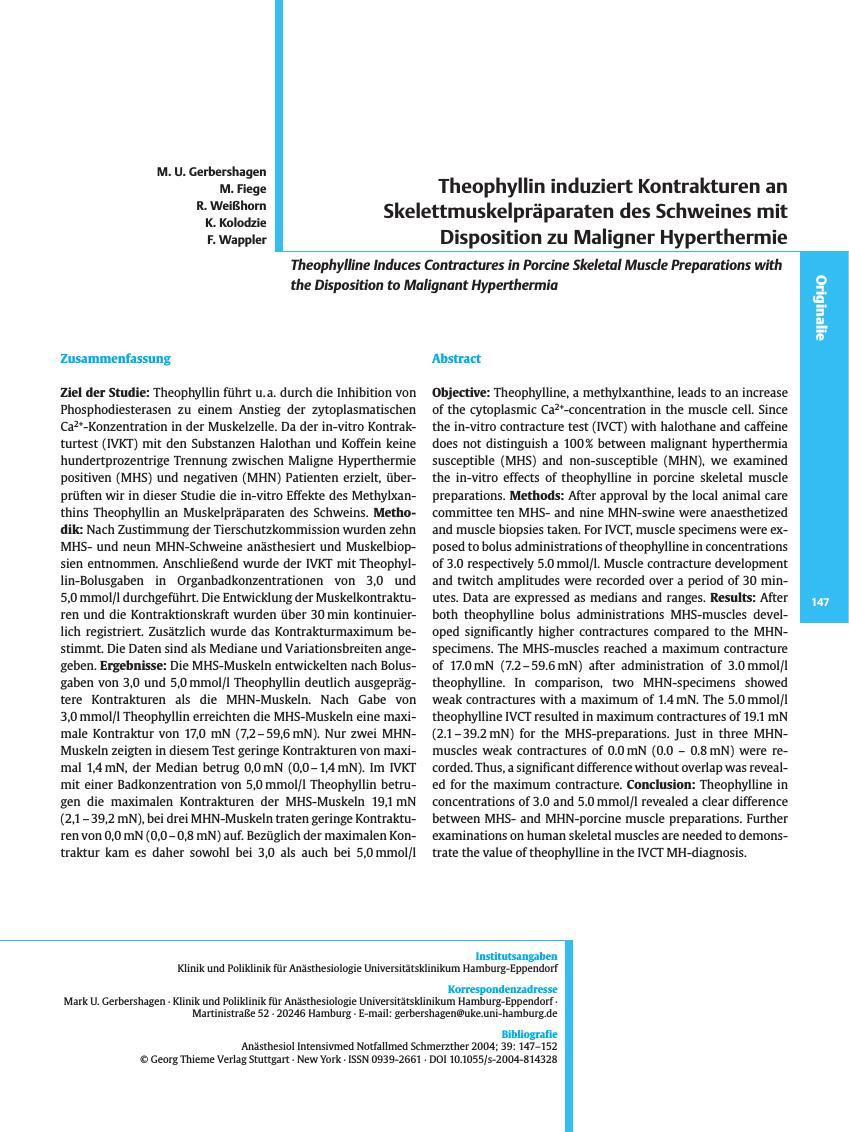 Vorschauseite 1: Theophyllin induziert Kontrakturen an Skelettmuskelpräparaten des Schweines mit Disposition zu Maligner Hyperthermie