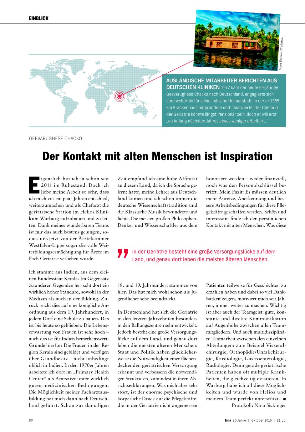 Vorschauseite 1: Geevarughese Chacko: Der Kontakt mit alten Menschen ist Inspiration
