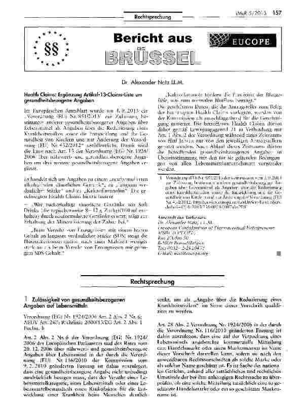 Vorschauseite 1: Zulässigkeit von gesundheitsbezogenen Angaben auf Lebensmitteln