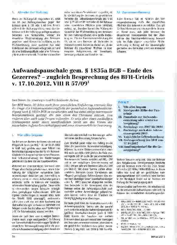 Vorschauseite 1: Aufwandspauschale gem. § 1835a BGB - Ende des Gezerres? - zugleich Besprechung des BFH-Urteils v. 17. 10. 2012, VIII R 57/09