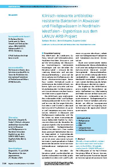 Vorschauseite 1: Klinisch relevante antibiotikaresistente Bakterien in Abwasser und Fließgewässern in Nordrhein-Westfalen – Ergebnisse aus dem LANUV-ARB-Projekt