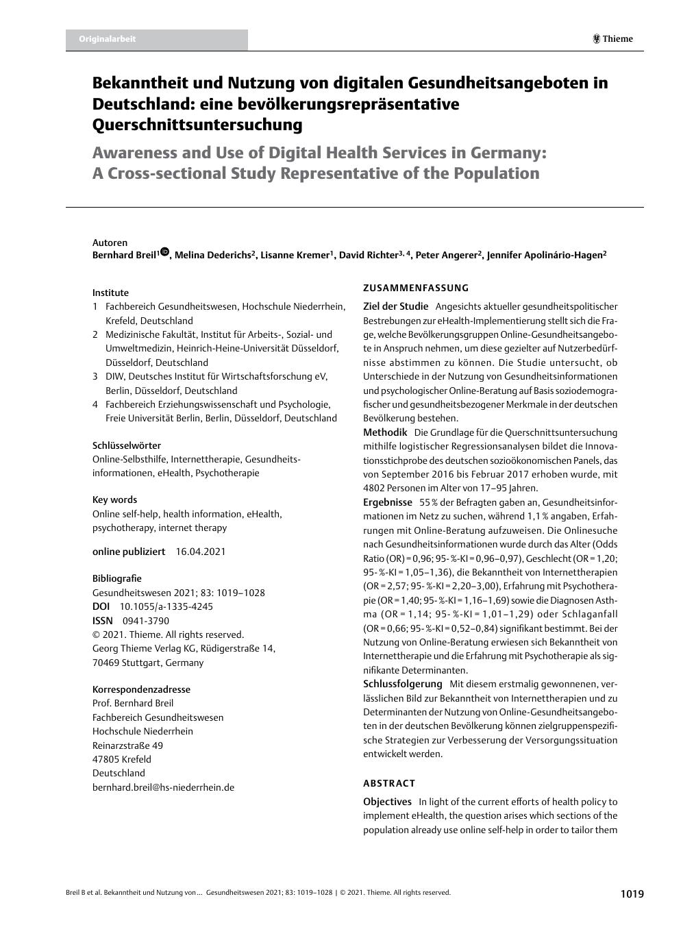 Vorschauseite 1: Bekanntheit und Nutzung von digitalen Gesundheitsangeboten in Deutschland: eine bevölkerungsrepräsentative Querschnittsuntersuchung