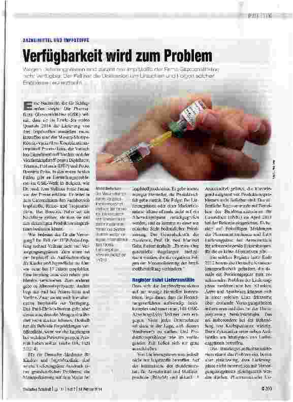 Vorschauseite 1: ARZNEIMITTEL UND IMPFSTOFFEVerfügbarkeit wird zum Problem
