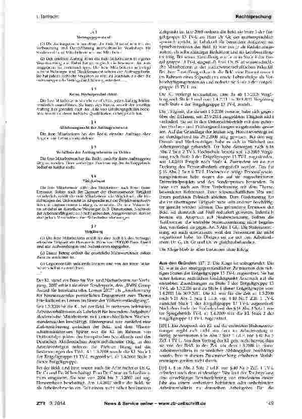 Vorschauseite 2: Tarifrecht - Stufenzuordnung nach §§16, 40 TV-L bei vorangegangener Tätigkeit aufgrund von Dienstund Werkverträgen im Hochschulbereich - Gleichbehandlung