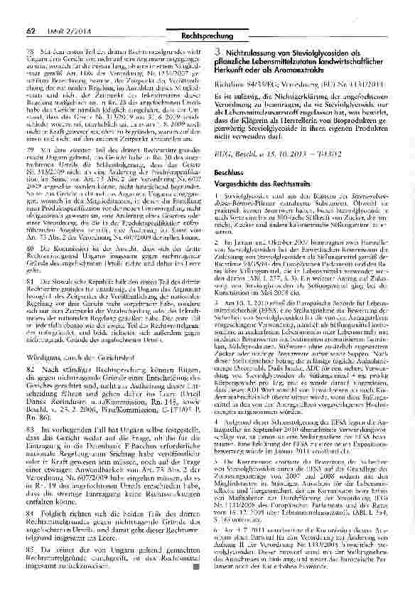 Vorschauseite 1: Nichtzulassung von Steviolglycosiden als pflanzliche Lebensmittelzutaten landwirtschaftlicher Herkunft oder als Aromaextrakte