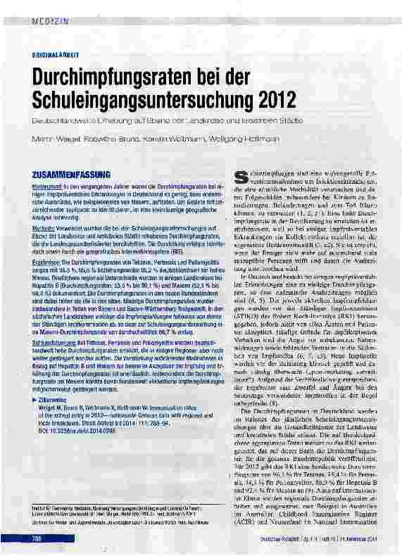 Vorschauseite 1: Durchimpfungsraten bei der Schuleingangsuntersuchung 2012