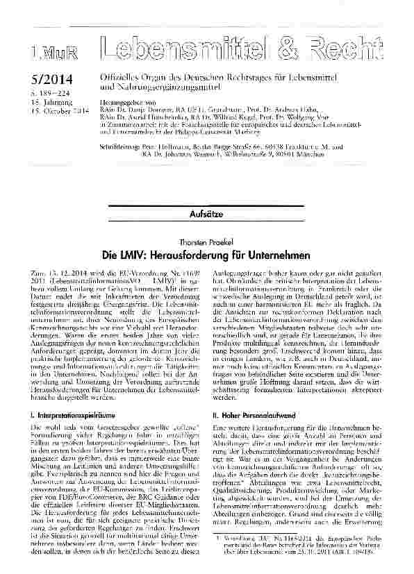 Vorschauseite 1: Die LMIV: Herausforderung für Unternehmen