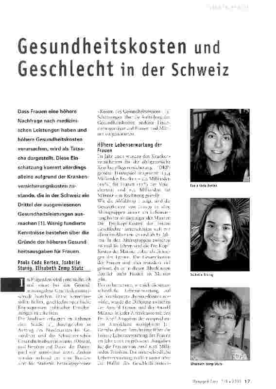 Vorschauseite 1: Gesundheitskosten und Geschlecht in der Schweiz