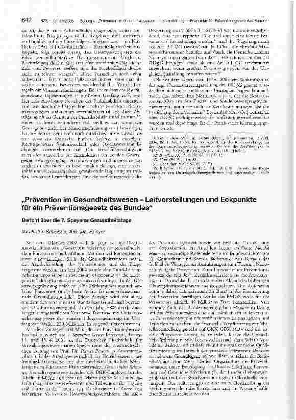 Vorschauseite 1: Prävention im Gesundheitswesen - Leitvorstellungen und Eckpunkte für ein Präventionsgesetz des Bundes