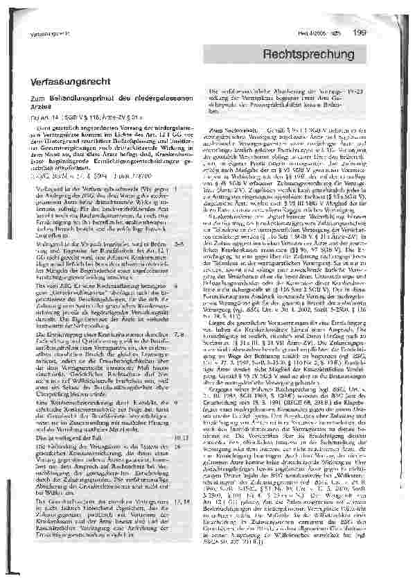 Vorschauseite 1: Verfassungsrecht. Zum Behandlungsprimat des niedergelassenen Arztes