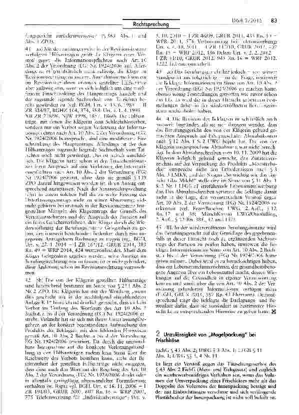Vorschauseite 1: Unzulässigkeit von „Mogelpackung bei Frisch käse EichG § 43 Abs. 2; UWG § 3 Abs. 1; LFGB § 11 Abs. 1;UWG §§3,4 Nr. 11