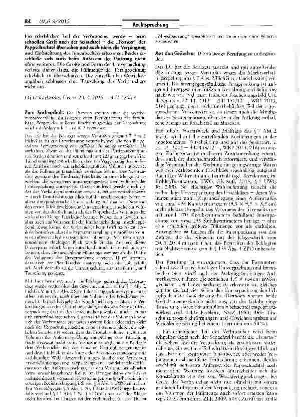 Vorschauseite 2: Unzulässigkeit von „Mogelpackung bei Frisch käse EichG § 43 Abs. 2; UWG § 3 Abs. 1; LFGB § 11 Abs. 1;UWG §§3,4 Nr. 11