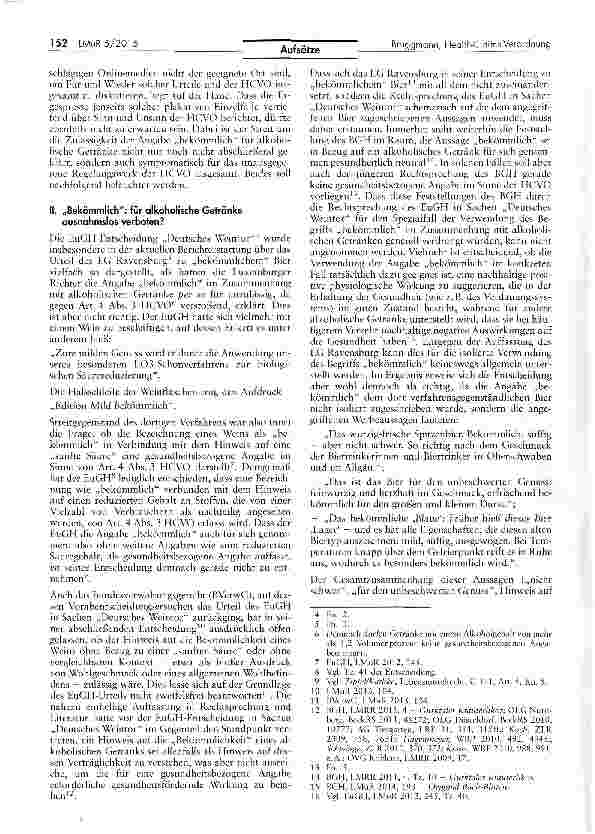 Vorschauseite 2: Bekömmlicher Alkohol? Unbekömmliche Health-Claims-Verordnung? Aktuelles zur Auslegung von Art. 4 Abs. 3 HCVO