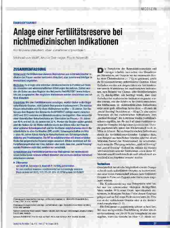 Vorschauseite 1: Anlage einer Fertilitätsreserve bei nichtmedizinischen Indikationen