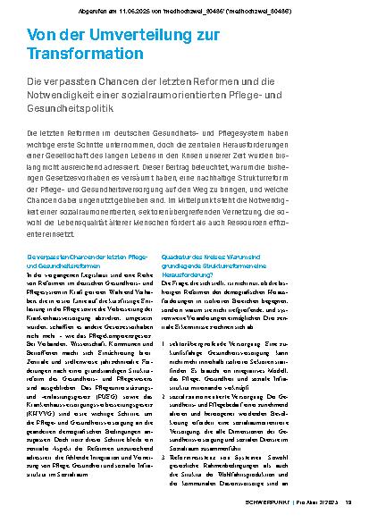 Vorschauseite 1: Von der Umverteilung zur Transformation Die verpassten Chancen der letzten Reformen und die Notwendigkeit einer sozialraumorientierten Pflegeund Gesundheitspolitik