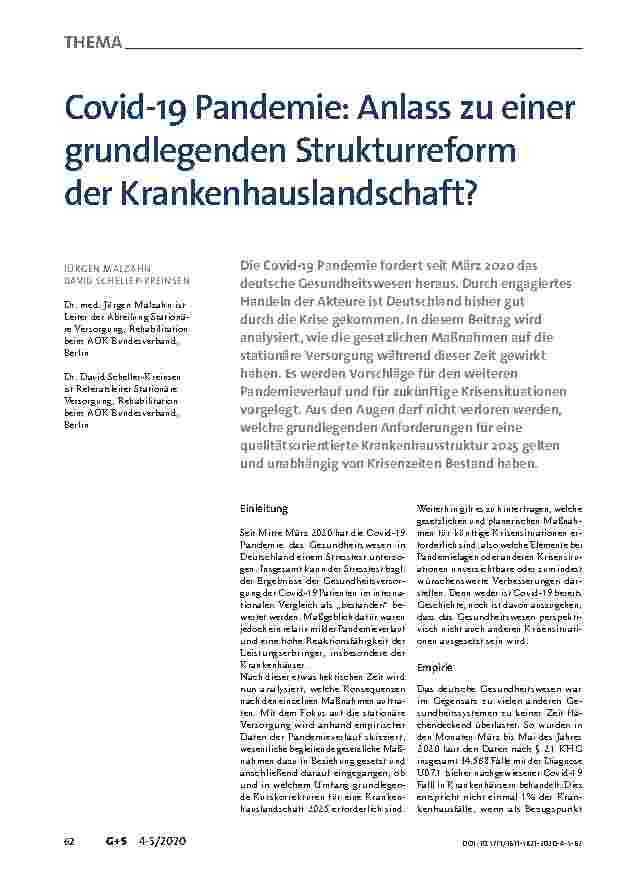 Vorschauseite 1: Covid-19 Pandemie: Anlass zu einer grundlegenden Strukturreform der Krankenhauslandschaft?