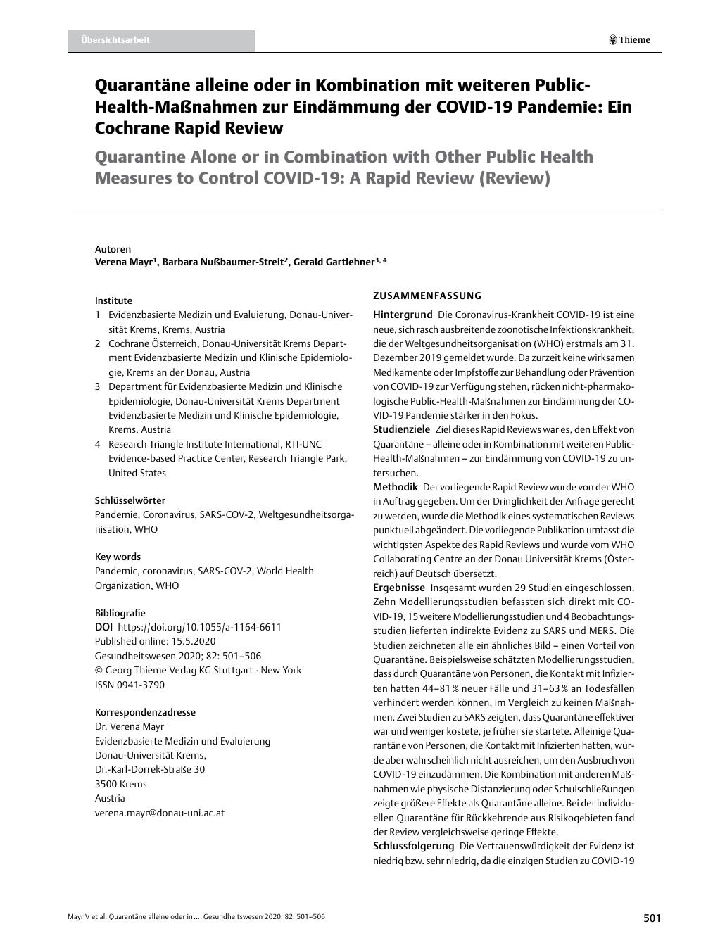 Vorschauseite 1: Quarantäne allein oder in Kombination mit weiteren Public-Health-Maßnahmen zur Eindämmung der COVID-19-Pandemie: Ein Cochrane Rapid Review