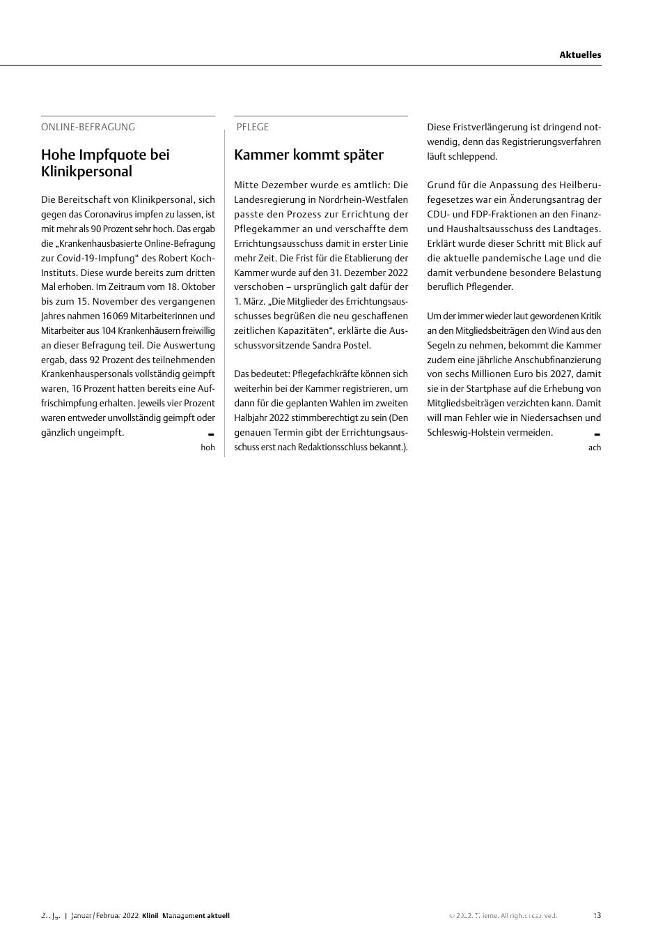 Vorschauseite 1: Online-Befragung: Hohe Impfquote bei Klinikpersonal