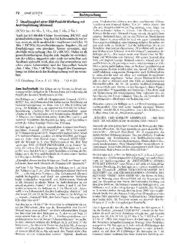 Vorschauseite 1: Unzulässigkeit einer Diät-Produkt-Werbung mit Arzt-Empfehlung (Almased)