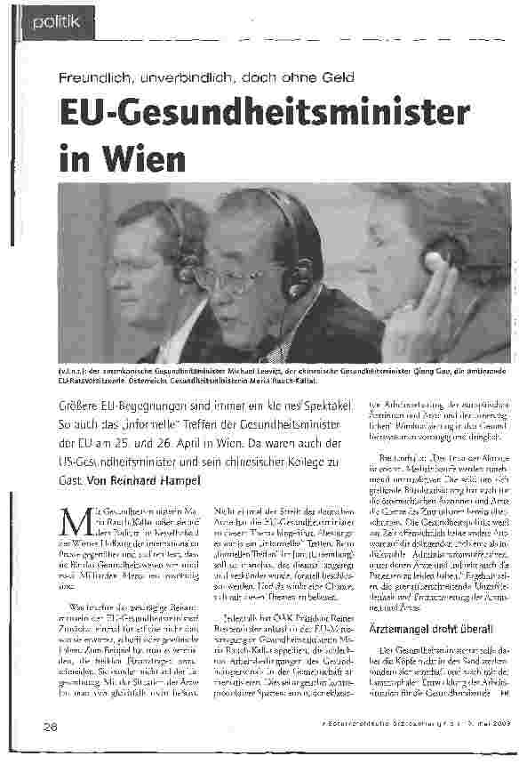 Vorschauseite 1: Freundlich, unverbindlich, doch ohne Geld - EU-Gesundheitsminister in Wien