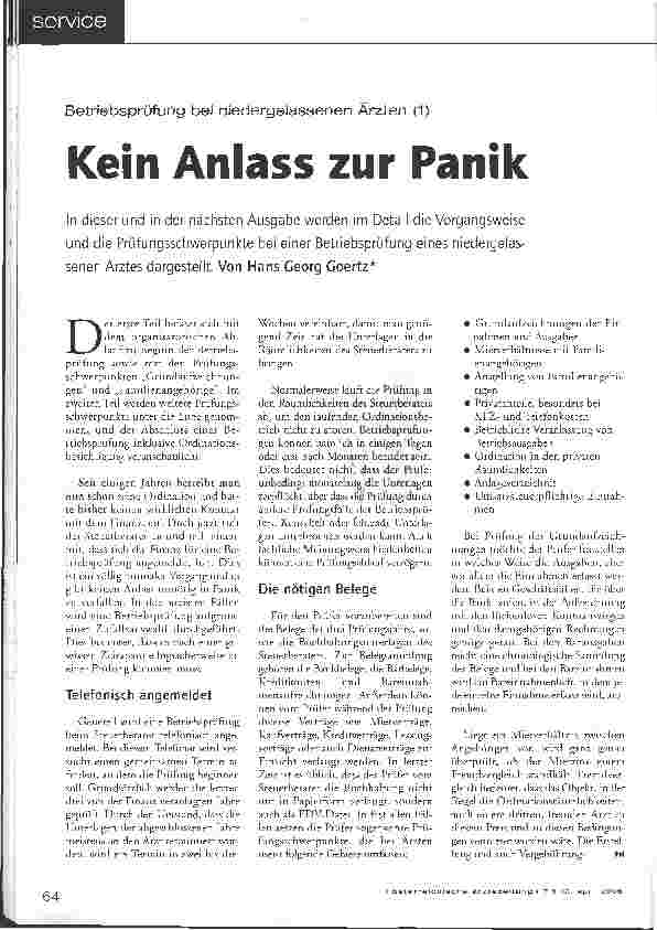Vorschauseite 1: Betriebsprüfung bei niedergelassenen Ärzten (1) - Kein Anlass zur Panik