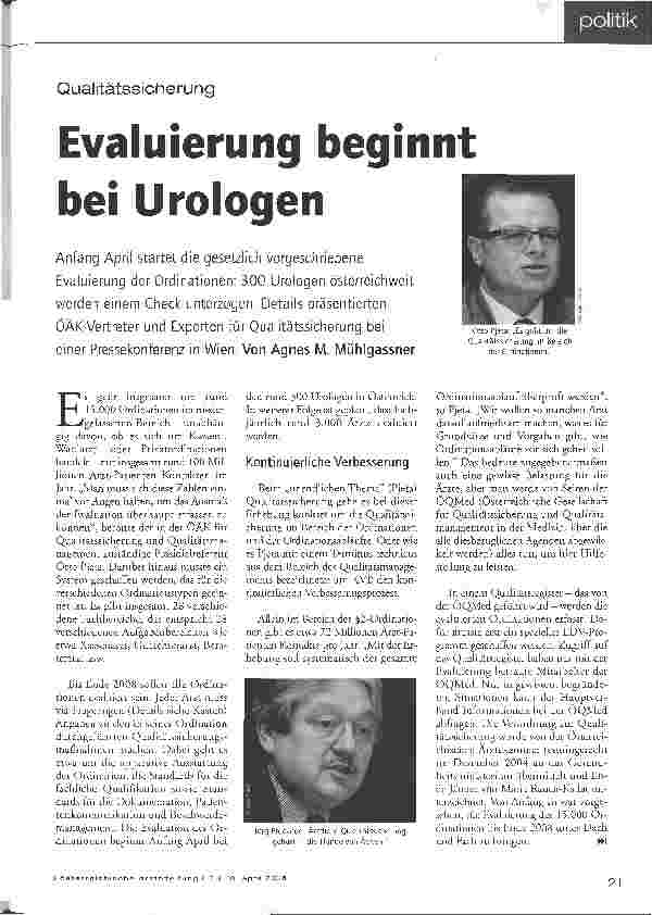 Vorschauseite 1: Qualitätssicherung -Evaluierung beginnt bei Urologen