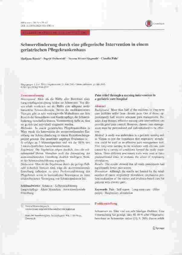 Vorschauseite 1: Schmerzlinderung durch eine pflegerische Intervention in einem geriatrischen Pflegekrankenhaus