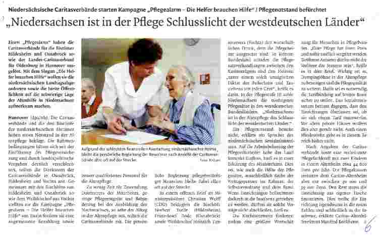 Vorschauseite 1: Niedersachsen ist in der Pflege Schlusslicht der westdeutschen Länder