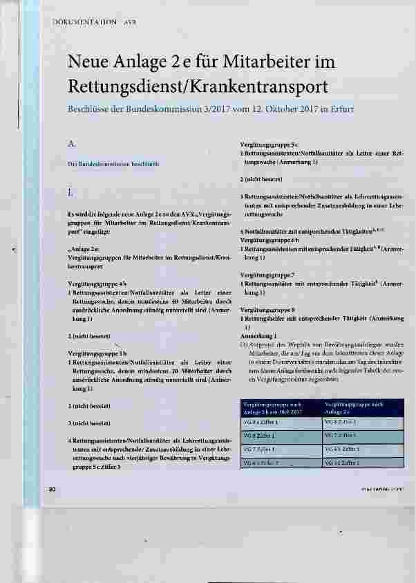 Vorschauseite 1: Neue Anlage 2 e für Mitarbeiter im Rettungsdienst/Krankentransport Beschlüsse der Bundeskommission 3/2017 vom 12. Oktober 2017 in Erfurt